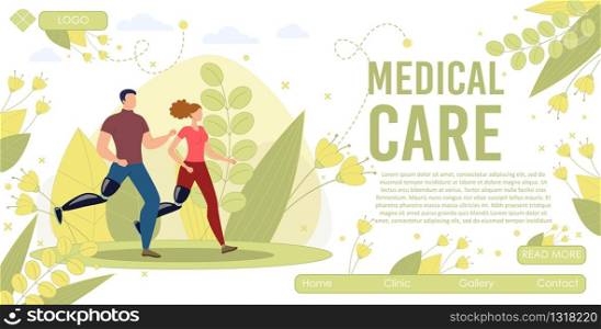 Effective Medical Care and Functional Rehabilitation for Disabled People Trendy Flat Vector Web Banner, Landing Page Template. Man and Woman with Leg Prosthesis Jogging in Park Together Illustration