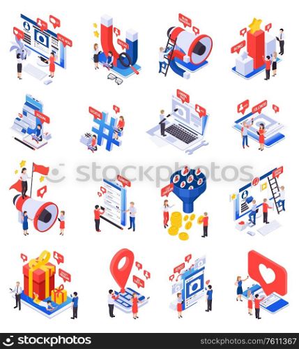 Effective modern marketing via social media groups isometric set with attracting followers promoting products symbols vector illustration