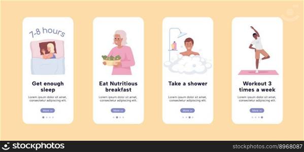 Effective morning routine onboarding mobile app screen flat template. Walkthrough website 4 steps with characters. Editable habits UX, UI, GUI smartphone cartoon interfaces. Comfortaa Bold font used. Effective morning routine onboarding mobile app screen flat template