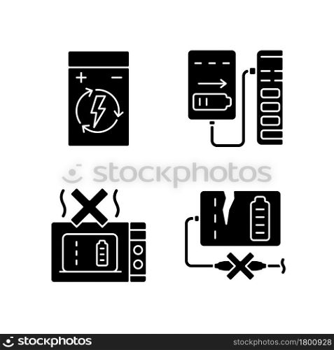 Effective portable charger use black glyph manual label icons set on white space. Unplugging broken charger. Silhouette symbols. Vector isolated illustration for product use instructions. Effective portable charger use black glyph manual label icons set on white space
