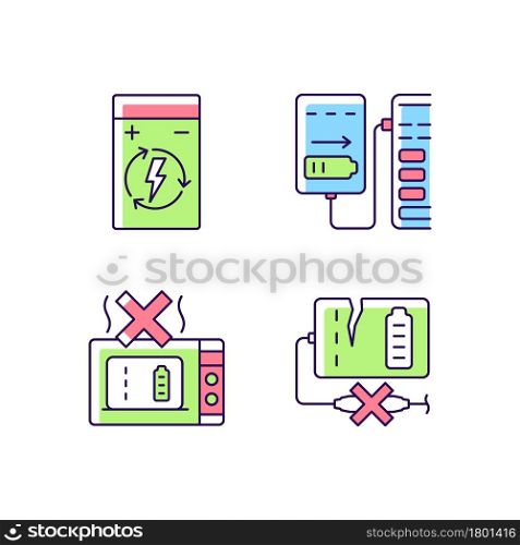 Effective portable charger use RGB color manual label icons set. Unplugging broken charger. Isolated vector illustrations. Simple filled line drawings collection for product use instructions. Effective portable charger use RGB color manual label icons set