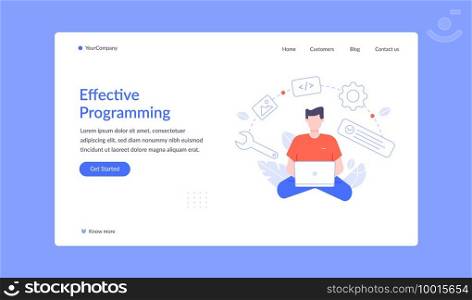 Effective programming landing page, vector work with script, office developer coding, business programmer development and writing illustration. Effective programming landing page, vector work with script