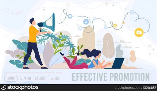Effective Promotion, Advertising Agency, Digital Marketing Company, Online Service Flat Vector Web Banner, Landing Page Template. Man Promoting with Loudspeaker, Woman Working on Laptop Illustration