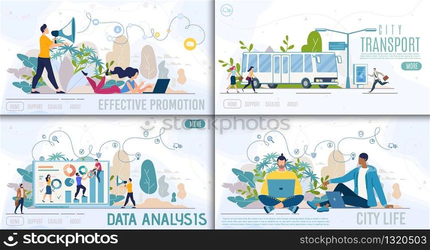 Effective Promotion, City Transport, Data Analysis and City Life Flat Vector Web Banners, Landing Pages Templates Set with Business Analytics Team, Working Marketing Managers, Bus Stop Illustration