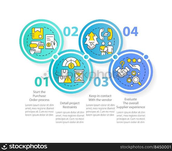 Effective purchasing process circle infographic template. Contact vendor. Data visualization with 4 steps. Editable timeline info chart. Workflow layout with line icons. Myriad Pro-Regular font used. Effective purchasing process circle infographic template