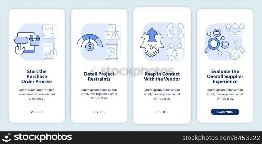 Effective purchasing process light blue onboarding mobile app screen. Walkthrough 4 steps editable graphic instructions with linear concepts. UI, UX, GUI template. Myriad Pro-Bold, Regular fonts used. Effective purchasing process light blue onboarding mobile app screen