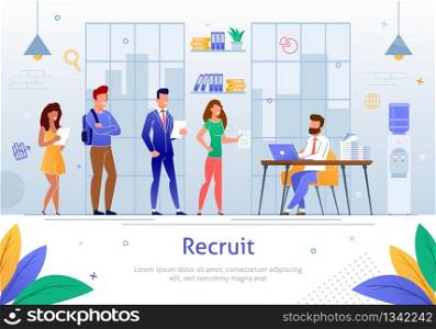 Effective Recruitment, Getting Best Job Flat Vector Banner Template. Hiring Manager Conducting Interview with Job Applicants, Reading Resumes in Office, Candidates Waiting for Opportunity Illustration