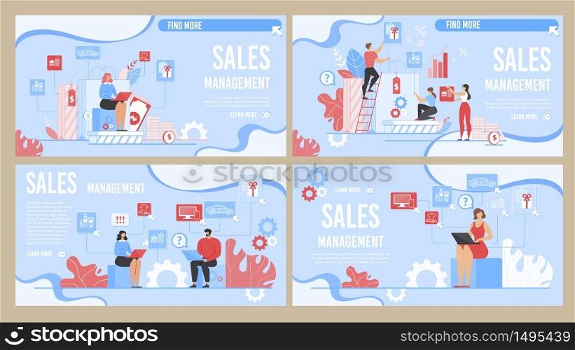 Effective Sales Management Flat Design Landing Page Set. Online Business Development and E-Commerce Growth. Marketing and Targeting. Cartoon Businesspeople Work on Digital Device. Vector Illustration. Effective Sales Management Design Landing Page Set