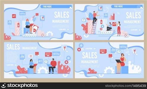 Effective Sales Management Flat Design Landing Page Set. Online Business Development and E-Commerce Growth. Marketing and Targeting. Cartoon Businesspeople Work on Digital Device. Vector Illustration. Effective Sales Management Design Landing Page Set