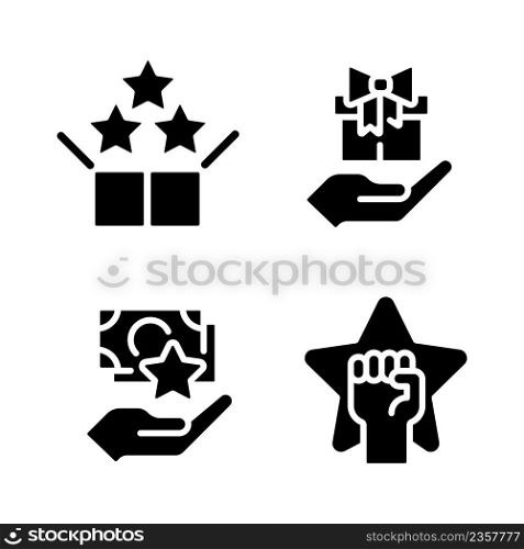 Effective sales strategy black glyph icons set on white space. Bundle service. Free gift. Cash bonus. Motivational incentives. Silhouette symbols. Solid pictogram pack. Vector isolated illustration. Effective sales strategy black glyph icons set on white space