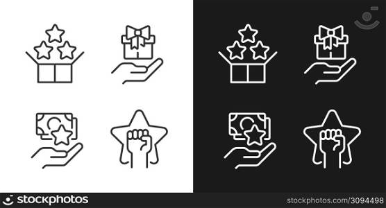 Effective sales strategy pixel perfect linear icons set for dark, light mode. Free gift. Cash bonus. Motivation. Thin line symbols for night, day theme. Isolated illustrations. Editable stroke. Effective sales strategy pixel perfect linear icons set for dark, light mode