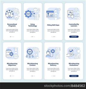 Effective teaching approach light blue onboarding mobile app screen set. Walkthrough 4 steps editable graphic instructions with linear concepts. UI, GUI template. Myriad Pro-Bold, Regular fonts used. Effective teaching approach light blue onboarding mobile app screen set