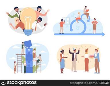 Effective team dynamics flat concept vector spot illustrations pack. Editable 2D cartoon characters on white for web design. Growing together creative ideas collection for website, mobile app. Effective team dynamics flat concept vector spot illustrations pack