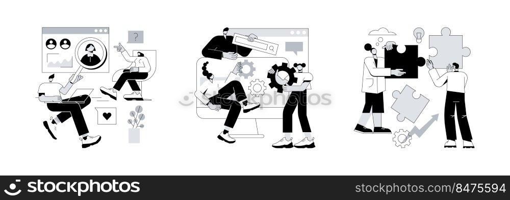 Effective team-working abstract concept vector illustration set. Discussion, collaboration, teamwork power, share opinion, brainstorming, corporate website, goal achievement abstract metaphor.. Effective team-working abstract concept vector illustrations.