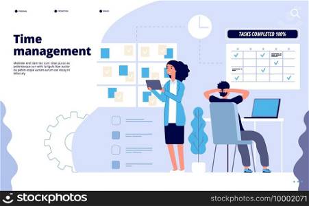 Effective time management. Business planning, office teamwork solution. Perfect priority scheduling app vector landing page template. Teamwork management, office work strategy time illustration. Effective time management. Business planning, office teamwork solution. Perfect priority scheduling app vector landing page template