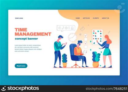 Effective time management concept web page banner with task planning working under pressure projects tracking vector illustration