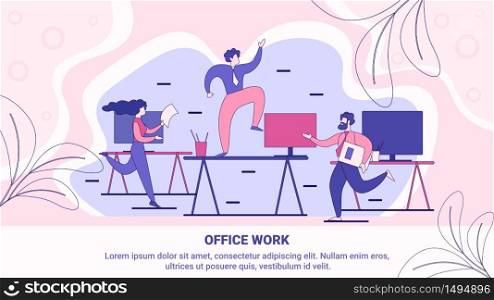 Effective Time Management in Office Work Flat Vector Banner, Poster Template with Busy Company Employees, Office Workers, Businesspeople Hurrying in Business, Running with Documents Illustration