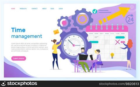 Effective time management, teamwork, planning training activities, organization, working plan concept. Website template landing page flat style. Colleagues create work schedule, monthly plan. Effective time management, teamwork, planning concept. Colleagues create work schedule, monthly plan
