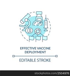 Effective vaccine deployment turquoise concept icon. Global cooperation against covid abstract idea thin line illustration. Isolated outline drawing. Editable stroke. Arial, Myriad Pro-Bold fonts used. Effective vaccine deployment turquoise concept icon