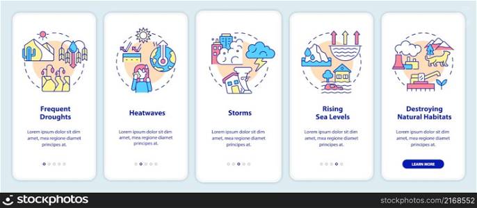 Effects of climate change onboarding mobile app screen. Walkthrough 5 steps graphic instructions pages with linear concepts. UI, UX, GUI template. Myriad Pro-Bold, Regular fonts used. Effects of climate change onboarding mobile app screen