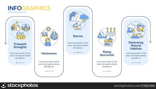 Effects of climate change rectangle infographic template. Data visualization with 5 steps. Process timeline info chart. Workflow layout with line icons. Lato-Bold, Regular fonts used. Effects of climate change rectangle infographic template