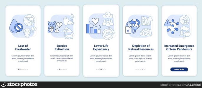 Effects of overpopulation light blue onboarding mobile app screen. Walkthrough 5 steps editable graphic instructions with linear concepts. UI, UX, GUI template. Myriad Pro-Bold, Regular fonts used. Effects of overpopulation light blue onboarding mobile app screen