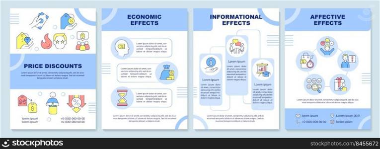 Effects of price discounts blue brochure template. Leaflet design with linear icons. Editable 4 vector layouts for presentation, annual reports. Arial-Black, Myriad Pro-Regular fonts used. Effects of price discounts blue brochure template