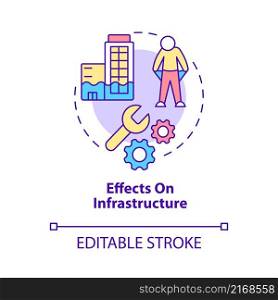 Effects on infrastructure concept icon. Climate change negative effect abstract idea thin line illustration. Isolated outline drawing. Editable stroke. Roboto-Medium, Myriad Pro-Bold fonts used. Effects on infrastructure concept icon