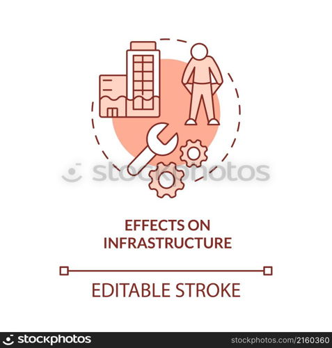 Effects on infrastructure red concept icon. Climate change negative effect abstract idea thin line illustration. Isolated outline drawing. Editable stroke. Roboto-Medium, Myriad Pro-Bold fonts used. Effects on infrastructure red concept icon