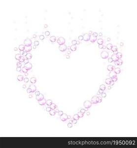 Effervescent bubbles frame in the form of heart. Pink soap foam isolated on white background. Realistic vector illustration. Valentine and love symbol.