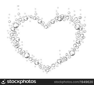 Effervescent bubbles frame in the form of heart. Soap foam isolated on white background. Realistic vector illustration. Valentine and love symbol.