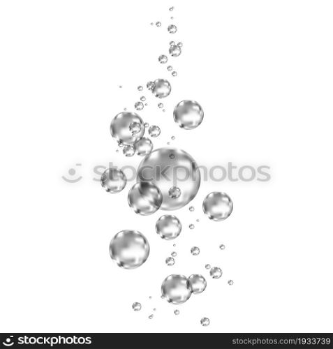 Effervescent drink. Underwater black fizzing air bubbles on white background. Fizzy sparkles in water, sea, aquarium, ocean. Fizz. Undersea vector texture.