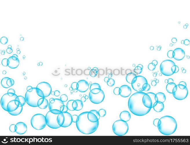 Effervescent drink. Underwater blue fizzing air bubbles on white background. Fizzy sparkles in water, sea, aquarium, ocean. Fizz. Undersea vector texture.
