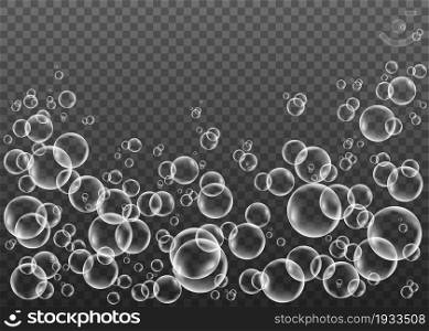 Effervescent drink. Underwater white fizzing air bubbles on black background. Fizzy sparkles in water, sea, aquarium, ocean. Fizz. Undersea vector texture.