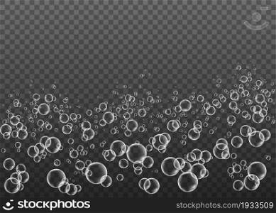 Effervescent drink. Underwater white fizzing air bubbles on black background. Fizzy sparkles in water, sea, aquarium, ocean. Fizz. Undersea vector texture.