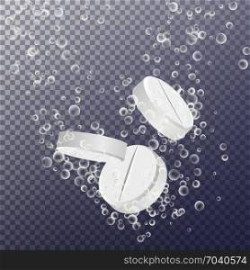 Effervescent Medicine. Fizzy Tablet Dissolving. Effervescent Medicine. Fizzy Tablet Dissolving. White Round Pill Falling In Water With Bubbles