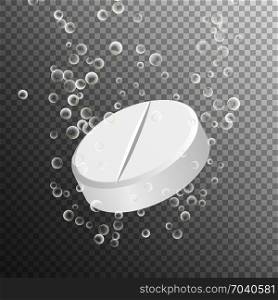 Effervescent Medicine. Fizzy Tablet Dissolving. White Round Pill Falling In Water With Bubbles. Transparent Background. 3D Realistic Illustration. Effervescent Medicine. Fizzy Tablet Dissolving. White Round Pill Falling In Water With Bubbles