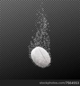 Effervescent or fizzy pill with bubbles on transparent background, vector design. Soluble vitamin C sinking in water solution with bubble trail, medicinal drink, drugs and pharmacy. Effervescent or soluble pill with bubbles