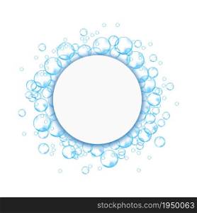 Effervescent soap bubbles frame. Blue foam suds isolated on white background. Realistic vector illustration. Effervescent soap bubbles frame. Blue foam suds isolated on white background. Realistic vector illustration.