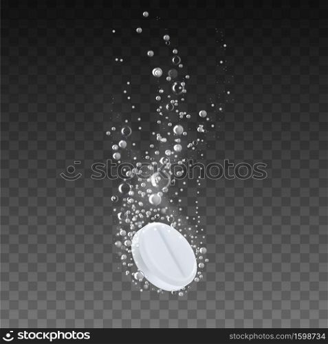 Effervescent Soluble Drug Flu Treatment Vector. Pharmacy Health Care And Influenza Treat Drug Tablet With Bubbles Trace Solubling In Water. Medicine Therapy Layout Realistic 3d Illustration. Effervescent Soluble Drug Flu Treatment Vector