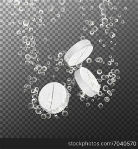 Effervescent Soluble Tablet Pill. Effervescent Medicine. Fizzy Tablet Dissolving. White Round Pill Falling In Water With Bubbles