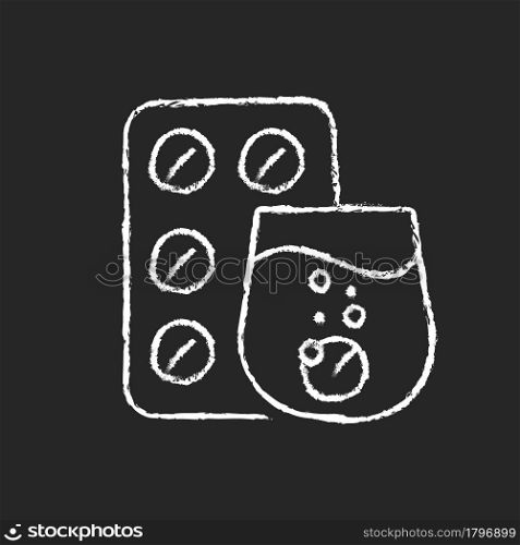 Effervescent tablet for cold relief chalk white icon on dark background. Cough-and-cold medication. Dissolve in liquid. Release carbon dioxide. Isolated vector chalkboard illustration on black. Effervescent tablet for cold relief chalk white icon on dark background