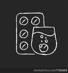Effervescent tablet for cold relief chalk white icon on dark background. Cough-and-cold medication. Dissolve in liquid. Release carbon dioxide. Isolated vector chalkboard illustration on black. Effervescent tablet for cold relief chalk white icon on dark background
