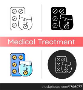 Effervescent tablet for cold relief icon. Cough-and-cold medication. Dissolve in liquid. Relieve flu symptoms. Release carbon dioxide. Linear black and RGB color styles. Isolated vector illustrations. Effervescent tablet for cold relief icon