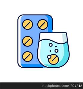 Effervescent tablet for cold relief RGB color icon. Cough-and-cold medication. Dissolve in liquid. Relieve symptoms. Release carbon dioxide. Isolated vector illustration. Simple filled line drawing. Effervescent tablet for cold relief RGB color icon