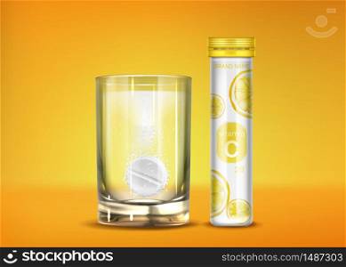 Effervescent vitamin C pills with fizz bubbles in water glass and closed bottle. Soluble tablets, pharmaceutical remedy capsules, isolated on orange background. Realistic 3d vector illustration. Effervescent vitamin C pills with fizz bubbles