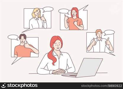 Efficiency in work, colleagues support, success in career concept. Successful young woman office worker feeling fine with colleagues partners supporting her vector illustration . Efficiency in work, colleagues support, success in career concept