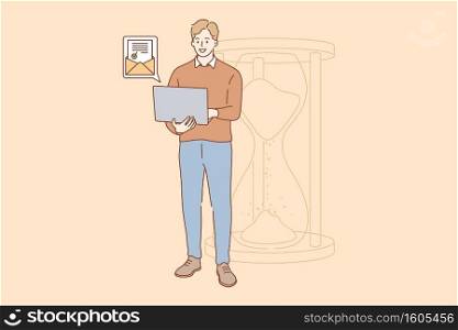 Efficiency in work, successful task completion, excellent time management. Happy young businessman standing with laptop near big sandglass and getting good news by email vector illustration. Efficiency in work, successful task completion, excellent time management