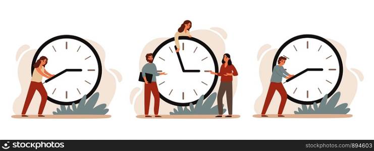 Efficiency work time. Working hours rate, business people work on clocks and time management deadline clock. Organization profit, team productivity strategy. Isolated vector illustration icons set. Efficiency work time. Working hours rate, business people work on clocks and time management deadline clock vector illustration set