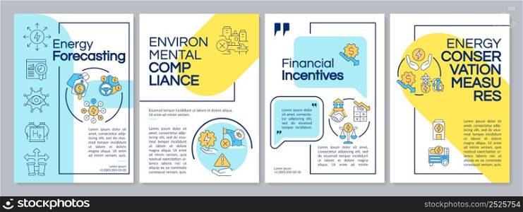Efficient energy planning blue and yellow brochure template. Conservation. Leaflet design with linear icons. 4 vector layouts for presentation, annual reports. Questrial, Lato-Regular fonts used. Efficient energy planning blue and yellow brochure template